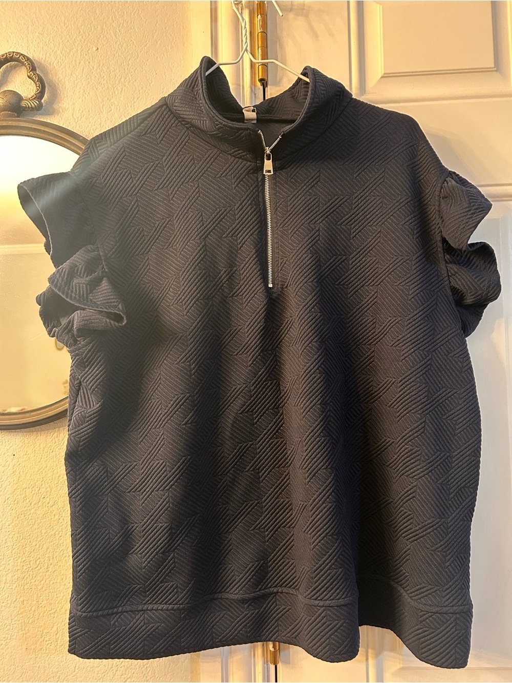 SHEWIN Navy Textured Half-Zip Short Sleeve Top with Ruffle Sleeves
